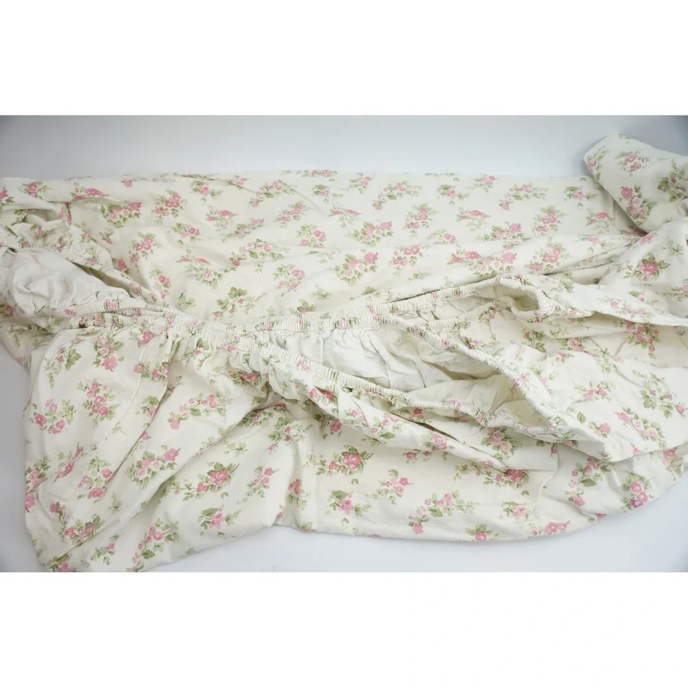 Laura Ashley Rowena Flannel Sheet Set Queen White Pink Floral Cotton Excellent